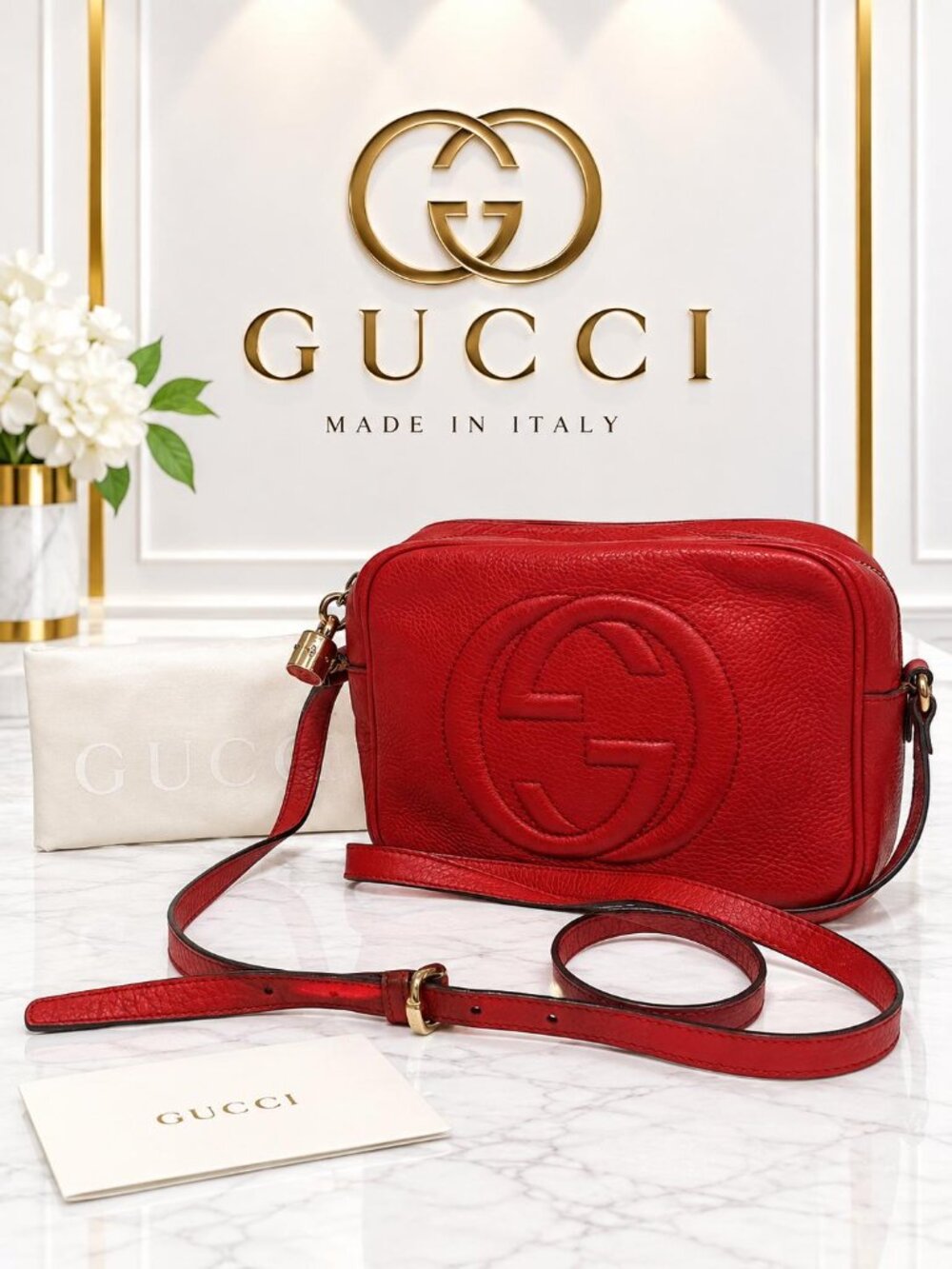 Authentic Gucci Soho Disco Red Leather GG Logo Crossbody Bag Luxury Designer